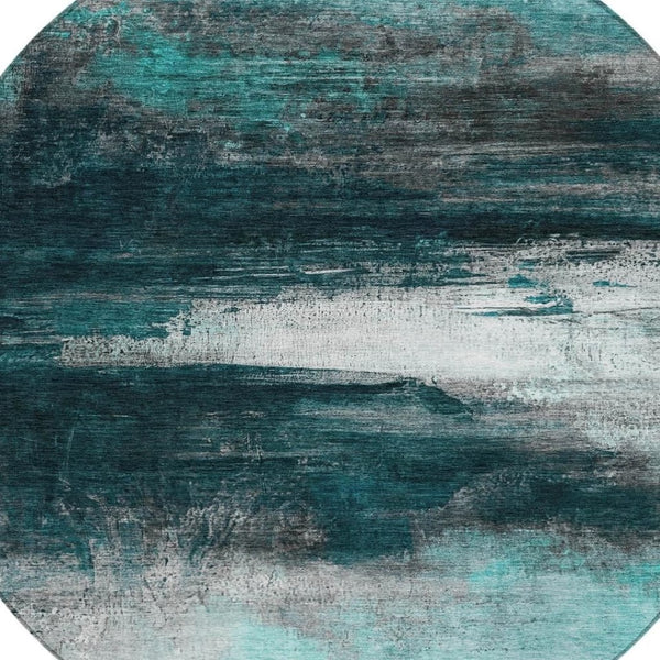 HomeRoots 8' Teal Blue Aqua Round Abstract Washable Area Rug – Modern Durable Design for Indoor & Outdoor Use 629229