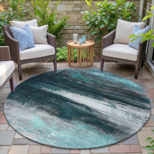 HomeRoots 8' Teal Blue Aqua Round Abstract Washable Area Rug – Modern Durable Design for Indoor & Outdoor Use 629229