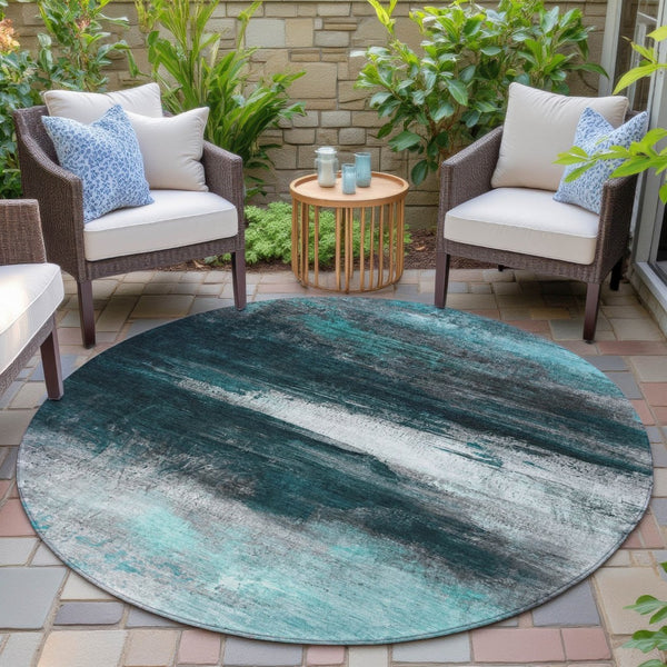 HomeRoots 8' Teal Blue Aqua Round Abstract Washable Area Rug – Modern Durable Design for Indoor & Outdoor Use 629229