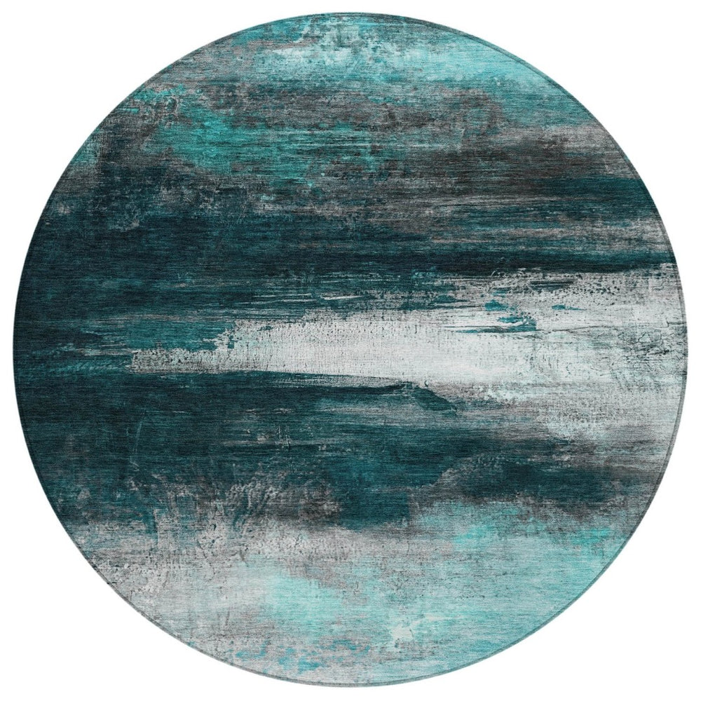 HomeRoots 8' Teal Blue Aqua Round Abstract Washable Area Rug – Modern Durable Design for Indoor & Outdoor Use 629229