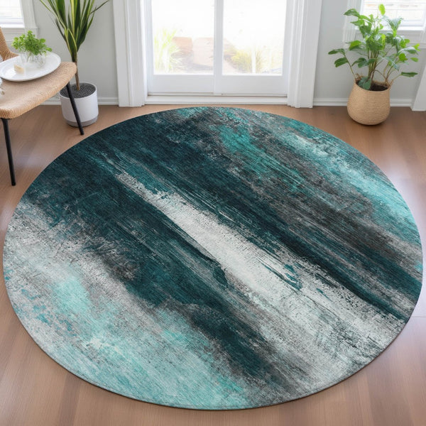 HomeRoots 8' Teal Blue Aqua Round Abstract Washable Area Rug – Modern Durable Design for Indoor & Outdoor Use 629229