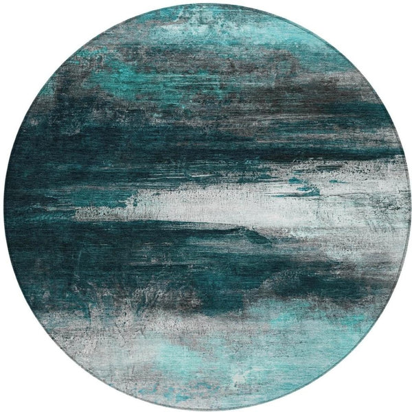 HomeRoots 8' Teal Blue Aqua Round Abstract Washable Area Rug – Modern Durable Design for Indoor & Outdoor Use 629229