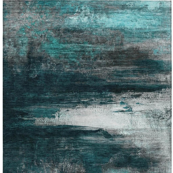 HomeRoots 9' X 12' Teal Blue Aqua Charcoal Abstract Rug - Washable, Durable, Stylish for Indoor & Outdoor Use 629231