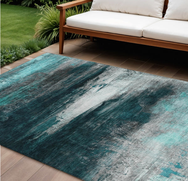 HomeRoots 9' X 12' Teal Blue Aqua Charcoal Abstract Rug - Washable, Durable, Stylish for Indoor & Outdoor Use 629231