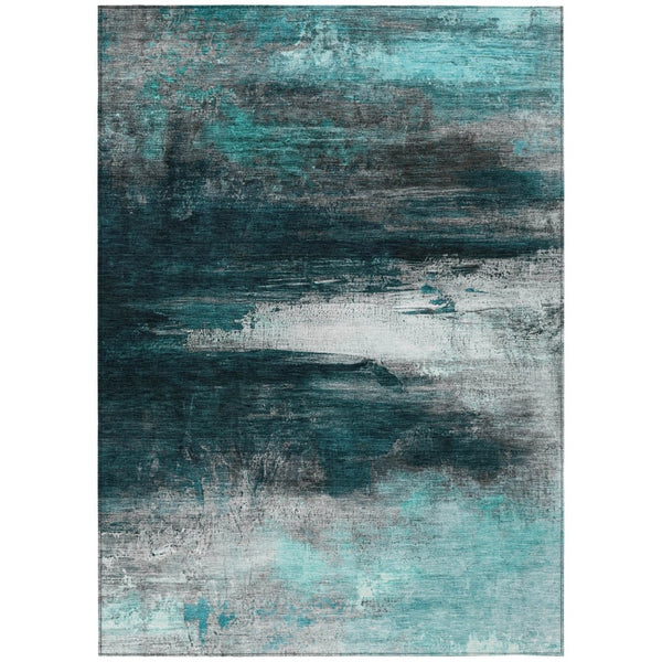 HomeRoots 9' X 12' Teal Blue Aqua Charcoal Abstract Rug - Washable, Durable, Stylish for Indoor & Outdoor Use 629231