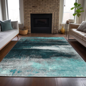 HomeRoots 9' X 12' Teal Blue Aqua Charcoal Abstract Rug - Washable, Durable, Stylish for Indoor & Outdoor Use 629231