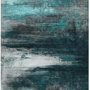 HomeRoots 10' X 14' Teal Blue Aqua Charcoal Abstract Rug - Stylish, Durable, Washable for Indoor & Outdoor Use 629232