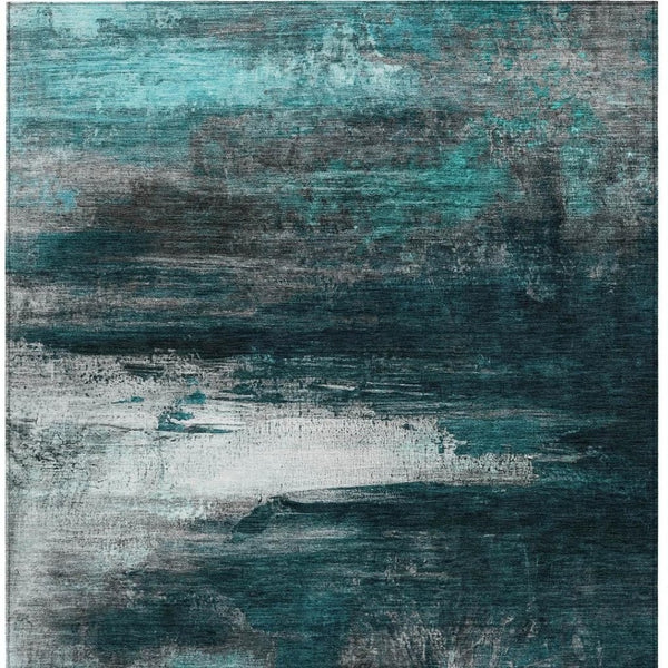 HomeRoots 10' X 14' Teal Blue Aqua Charcoal Abstract Rug - Stylish, Durable, Washable for Indoor & Outdoor Use 629232