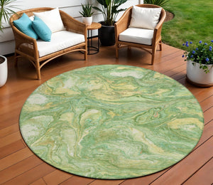 HomeRoots 8' Round Abstract Green and Gold Machine-Washable Area Rug for Indoor and Outdoor Spaces 629235