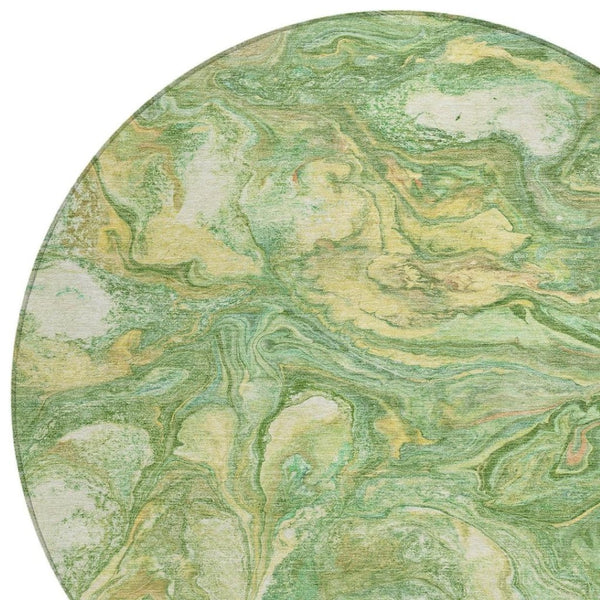 HomeRoots 8' Round Abstract Green and Gold Machine-Washable Area Rug for Indoor and Outdoor Spaces 629235