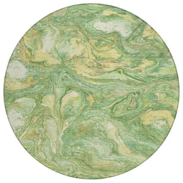 HomeRoots 8' Round Abstract Green and Gold Machine-Washable Area Rug for Indoor and Outdoor Spaces 629235