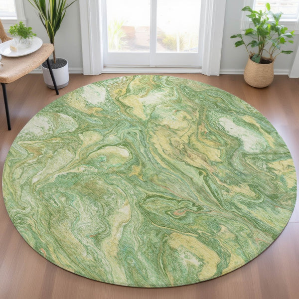 HomeRoots 8' Round Abstract Green and Gold Machine-Washable Area Rug for Indoor and Outdoor Spaces 629235