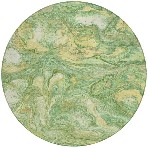 HomeRoots 8' Round Abstract Green and Gold Machine-Washable Area Rug for Indoor and Outdoor Spaces 629235