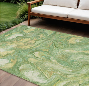 HomeRoots 10' Green and Gold Abstract Area Rug - Washable, Durable, Modern Design for Indoor & Outdoor Use 629238