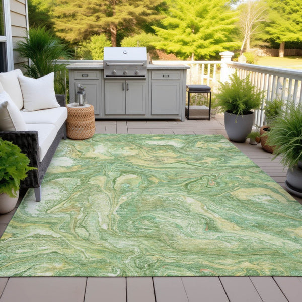 HomeRoots 10' Green and Gold Abstract Area Rug - Washable, Durable, Modern Design for Indoor & Outdoor Use 629238