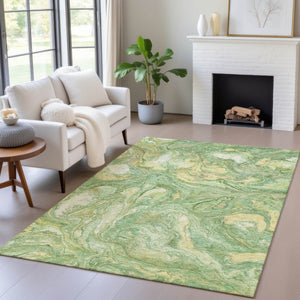HomeRoots 10' Green and Gold Abstract Area Rug - Washable, Durable, Modern Design for Indoor & Outdoor Use 629238