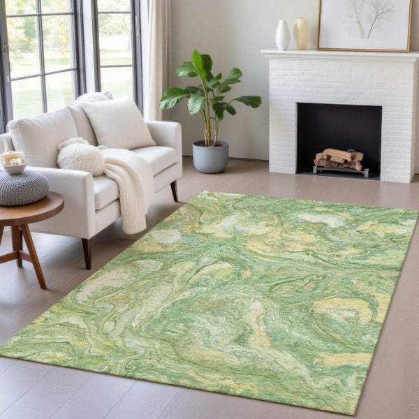 HomeRoots 10' Green and Gold Abstract Area Rug - Washable, Durable, Modern Design for Indoor & Outdoor Use 629238
