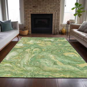 HomeRoots 10' Green and Gold Abstract Area Rug - Washable, Durable, Modern Design for Indoor & Outdoor Use 629238