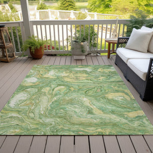 HomeRoots 10' Green and Gold Abstract Area Rug - Washable, Durable, Modern Design for Indoor & Outdoor Use 629238