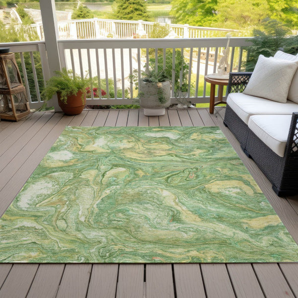 HomeRoots 10' Green and Gold Abstract Area Rug - Washable, Durable, Modern Design for Indoor & Outdoor Use 629238