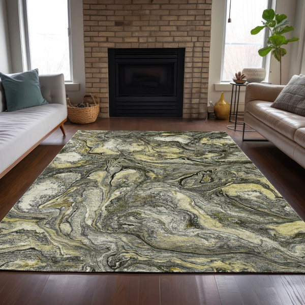 HomeRoots 5' X 8' Stylish Pewter and Gold Abstract Washable Area Rug for Indoor and Outdoor Versatility 629246
