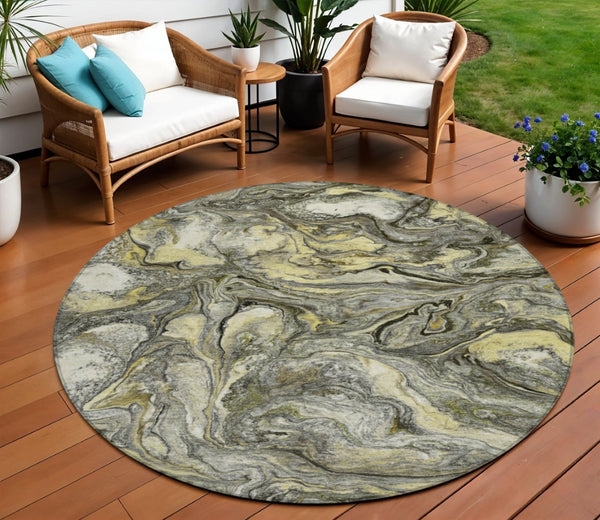 HomeRoots 8' Pewter and Gold Round Abstract Rug – Durable, Washable Design for Indoor & Outdoor Living Spaces 629247