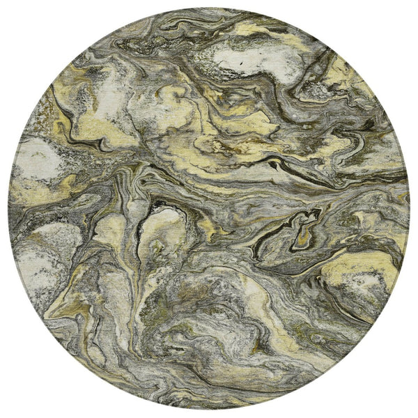 HomeRoots 8' Pewter and Gold Round Abstract Rug – Durable, Washable Design for Indoor & Outdoor Living Spaces 629247