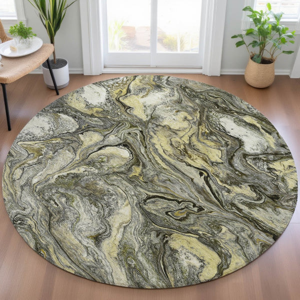 HomeRoots 8' Pewter and Gold Round Abstract Rug – Durable, Washable Design for Indoor & Outdoor Living Spaces 629247