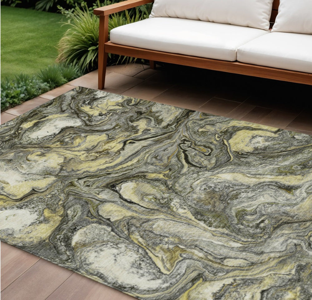 HomeRoots 10' X 14' Stylish Pewter and Gold Abstract Rug – Washable, Durable, Perfect for Indoor/Outdoor Use! 629250