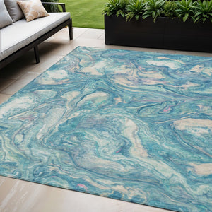 HomeRoots 5' X 8' Teal Blue and Ivory Abstract Area Rug – Stylish, Washable, Durable for Indoor & Outdoor Use 629252