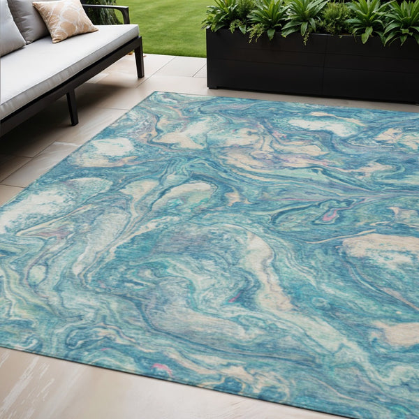 HomeRoots 5' X 8' Teal Blue and Ivory Abstract Area Rug – Stylish, Washable, Durable for Indoor & Outdoor Use 629252