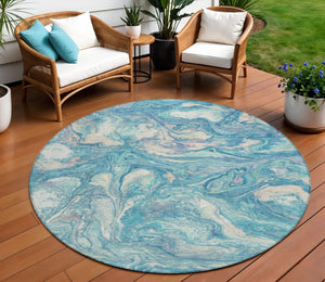 HomeRoots 8' Teal Blue and Ivory Round Abstract Rug - Stylish, Washable, Stain-Resistant for Indoors & Outdoors 629253
