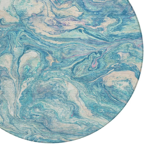 HomeRoots 8' Teal Blue and Ivory Round Abstract Rug - Stylish, Washable, Stain-Resistant for Indoors & Outdoors 629253