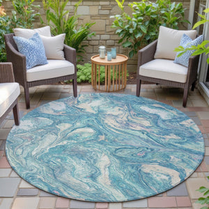 HomeRoots 8' Teal Blue and Ivory Round Abstract Rug - Stylish, Washable, Stain-Resistant for Indoors & Outdoors 629253