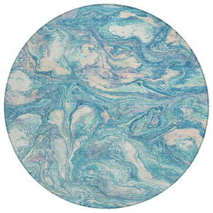 HomeRoots 8' Teal Blue and Ivory Round Abstract Rug - Stylish, Washable, Stain-Resistant for Indoors & Outdoors 629253