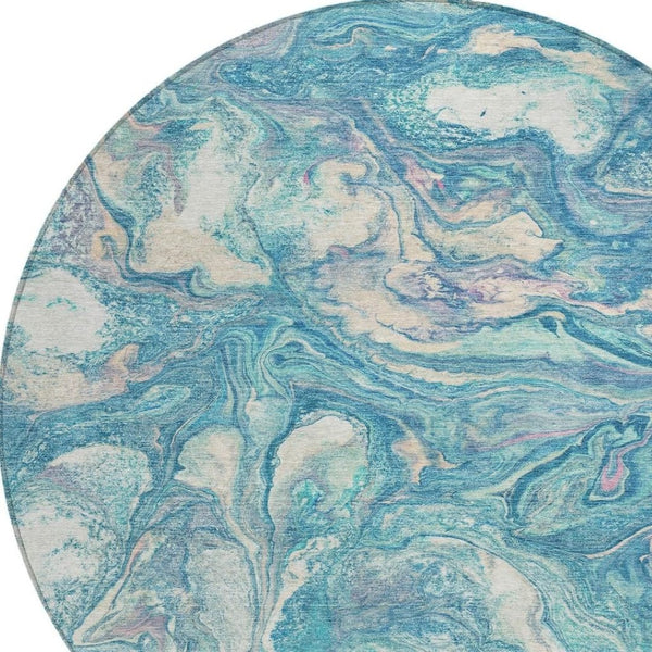HomeRoots 8' Teal Blue and Ivory Round Abstract Rug - Stylish, Washable, Stain-Resistant for Indoors & Outdoors 629253