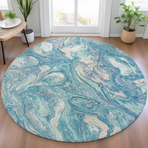 HomeRoots 8' Teal Blue and Ivory Round Abstract Rug - Stylish, Washable, Stain-Resistant for Indoors & Outdoors 629253