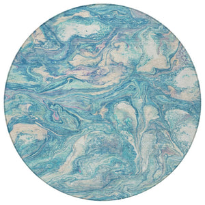 HomeRoots 8' Teal Blue and Ivory Round Abstract Rug - Stylish, Washable, Stain-Resistant for Indoors & Outdoors 629253