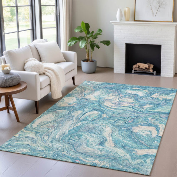 HomeRoots 8' Teal Blue & Ivory Abstract Area Rug - Durable, Washable, Stylish for Indoors & Outdoors, 8' x 10' 629254