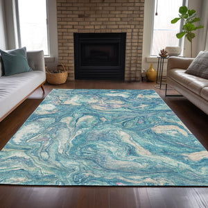 HomeRoots 8' Teal Blue & Ivory Abstract Area Rug - Durable, Washable, Stylish for Indoors & Outdoors, 8' x 10' 629254