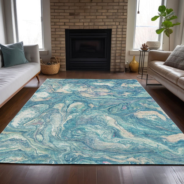 HomeRoots 8' Teal Blue & Ivory Abstract Area Rug - Durable, Washable, Stylish for Indoors & Outdoors, 8' x 10' 629254
