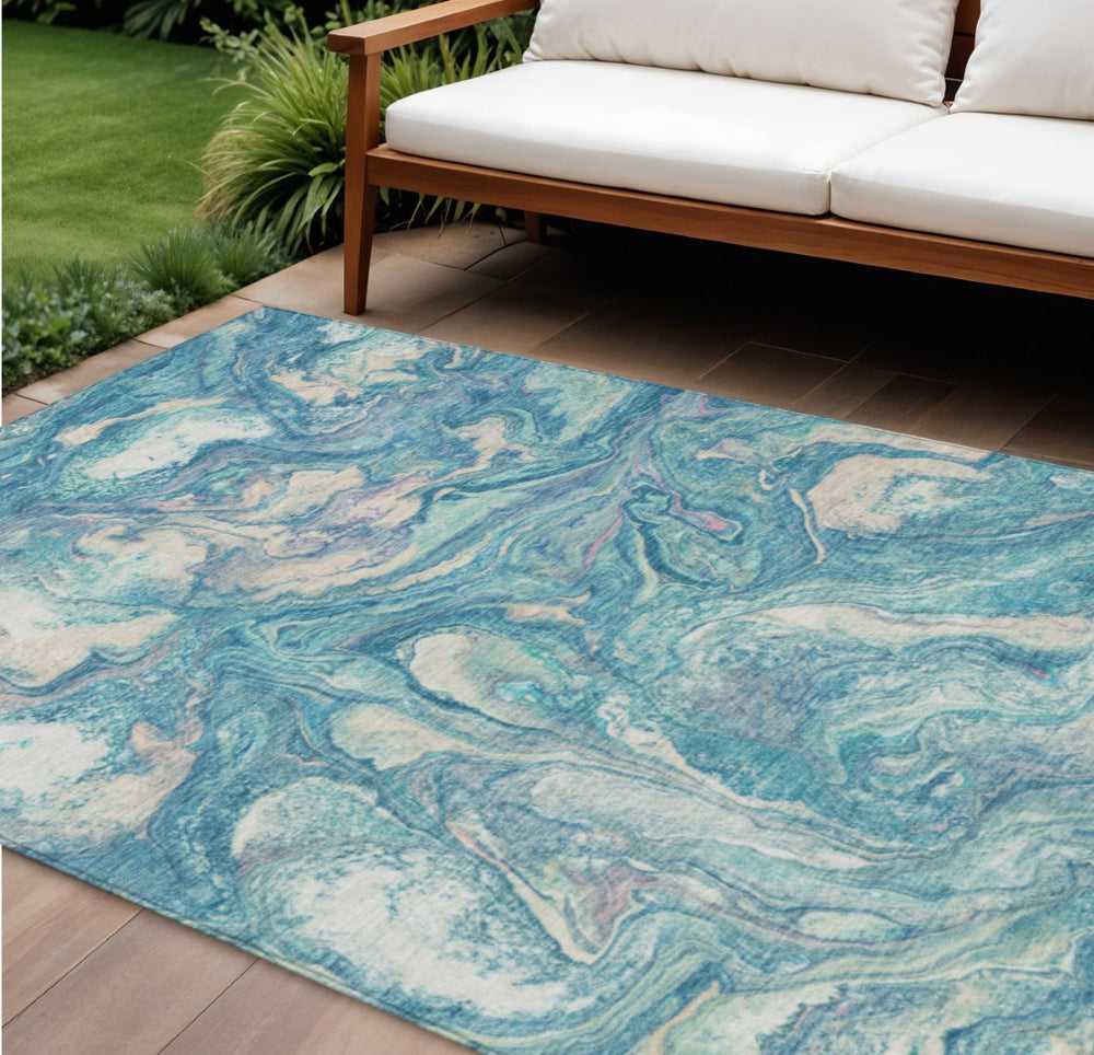 HomeRoots 10' Teal Blue & Ivory Washable Area Rug – Stylish Indoor/Outdoor Design for Modern Spaces & Easy Care 629256