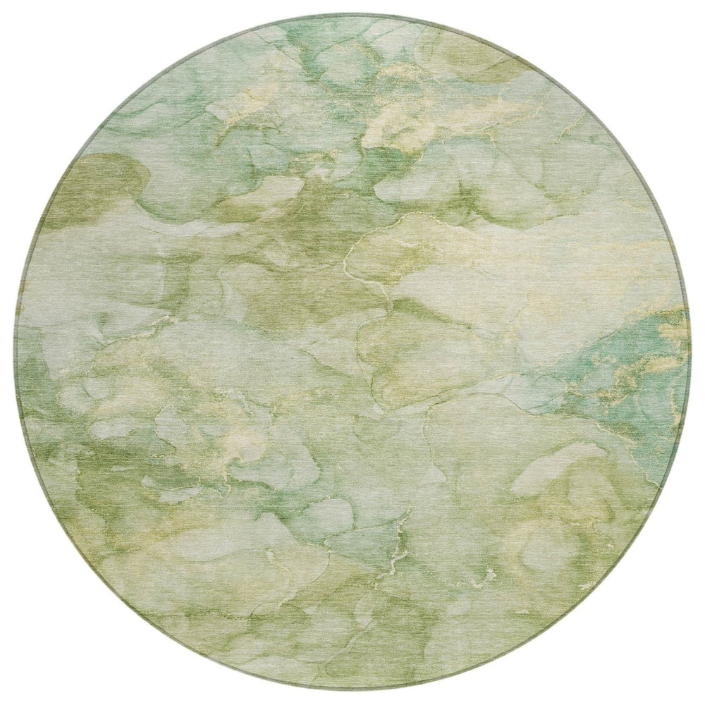 HomeRoots 8' Artichoke Green Round Abstract Area Rug - Washable, Durable, Indoor & Outdoor Use, Modern Style 629259