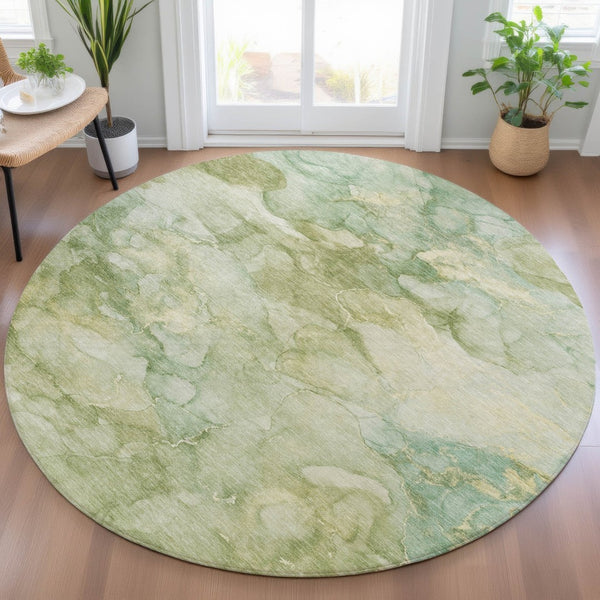 HomeRoots 8' Artichoke Green Round Abstract Area Rug - Washable, Durable, Indoor & Outdoor Use, Modern Style 629259