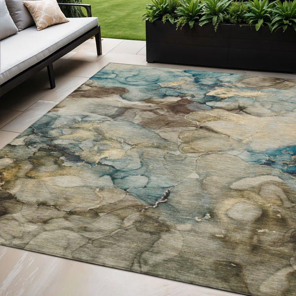 HomeRoots 5' X 8' Washable Brown & Teal Abstract Area Rug - Durable, Stylish for Indoor/Outdoor Spaces 629270