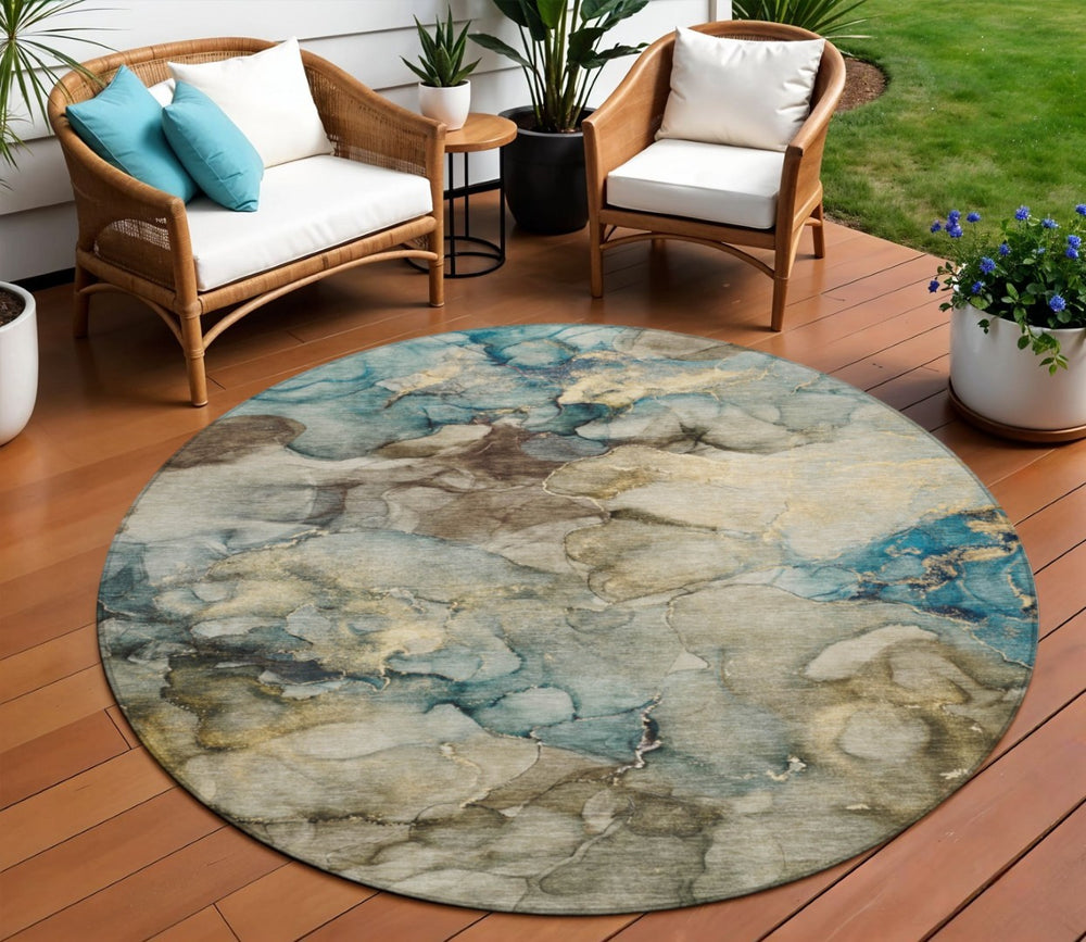 HomeRoots 8' Round Abstract Area Rug in Brown and Teal Blue - Durable, Washable, Indoor/Outdoor Style Upgrade 629271