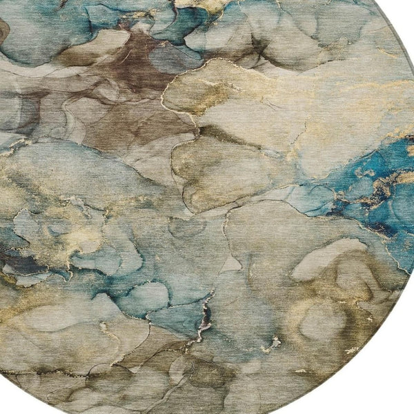 HomeRoots 8' Round Abstract Area Rug in Brown and Teal Blue - Durable, Washable, Indoor/Outdoor Style Upgrade 629271