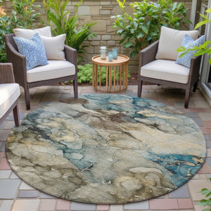 HomeRoots 8' Round Abstract Area Rug in Brown and Teal Blue - Durable, Washable, Indoor/Outdoor Style Upgrade 629271