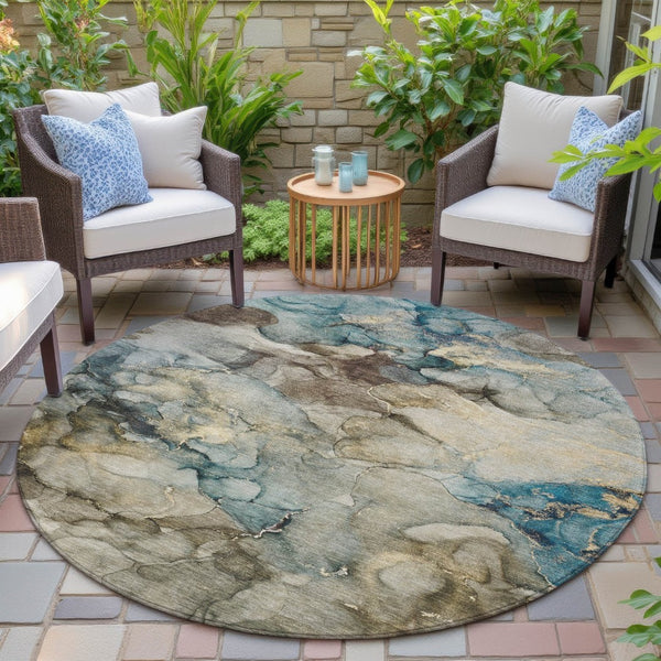 HomeRoots 8' Round Abstract Area Rug in Brown and Teal Blue - Durable, Washable, Indoor/Outdoor Style Upgrade 629271