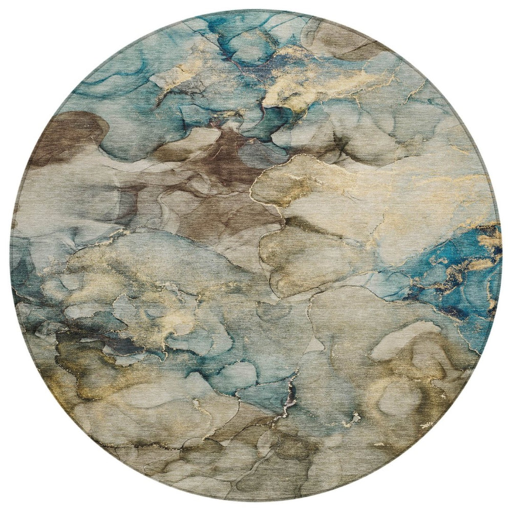 HomeRoots 8' Round Abstract Area Rug in Brown and Teal Blue - Durable, Washable, Indoor/Outdoor Style Upgrade 629271